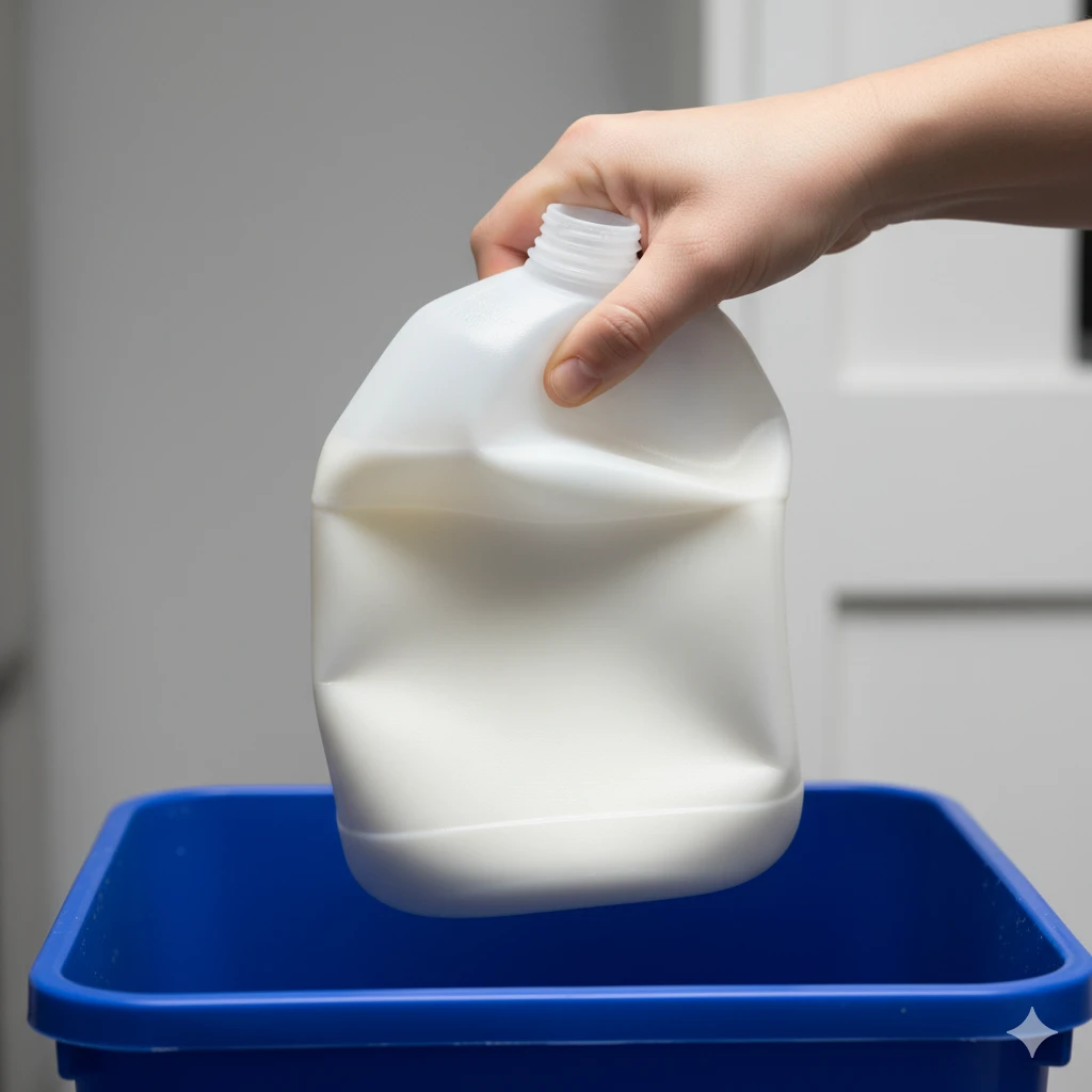 A crushed, flattened milk jug being placed into a recycling bin, demonstrating ease of compaction.
