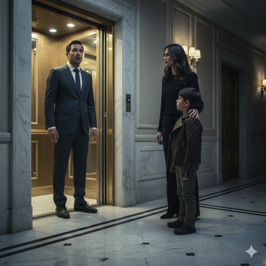 A man in a suit looking shocked, staring at a woman and a boy in a marble-floored hallway, recognizing her after many years.