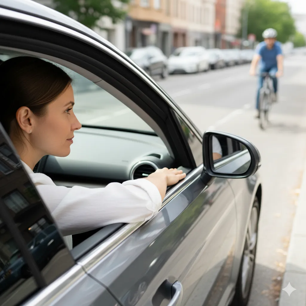 A person looking over their shoulder before slowly opening a car door in a busy street.