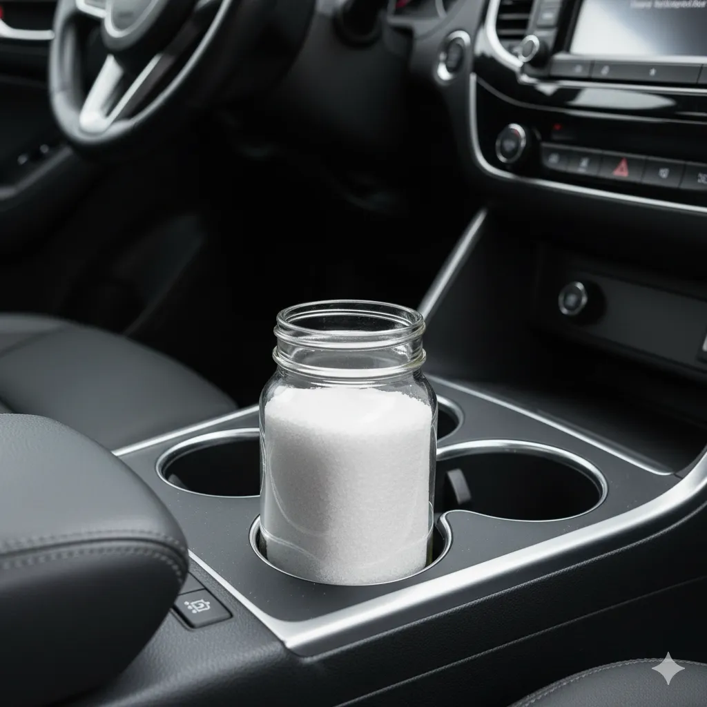 A simple mason jar filled with white salt placed discreetly on the dashboard or in a cup holder of a car.