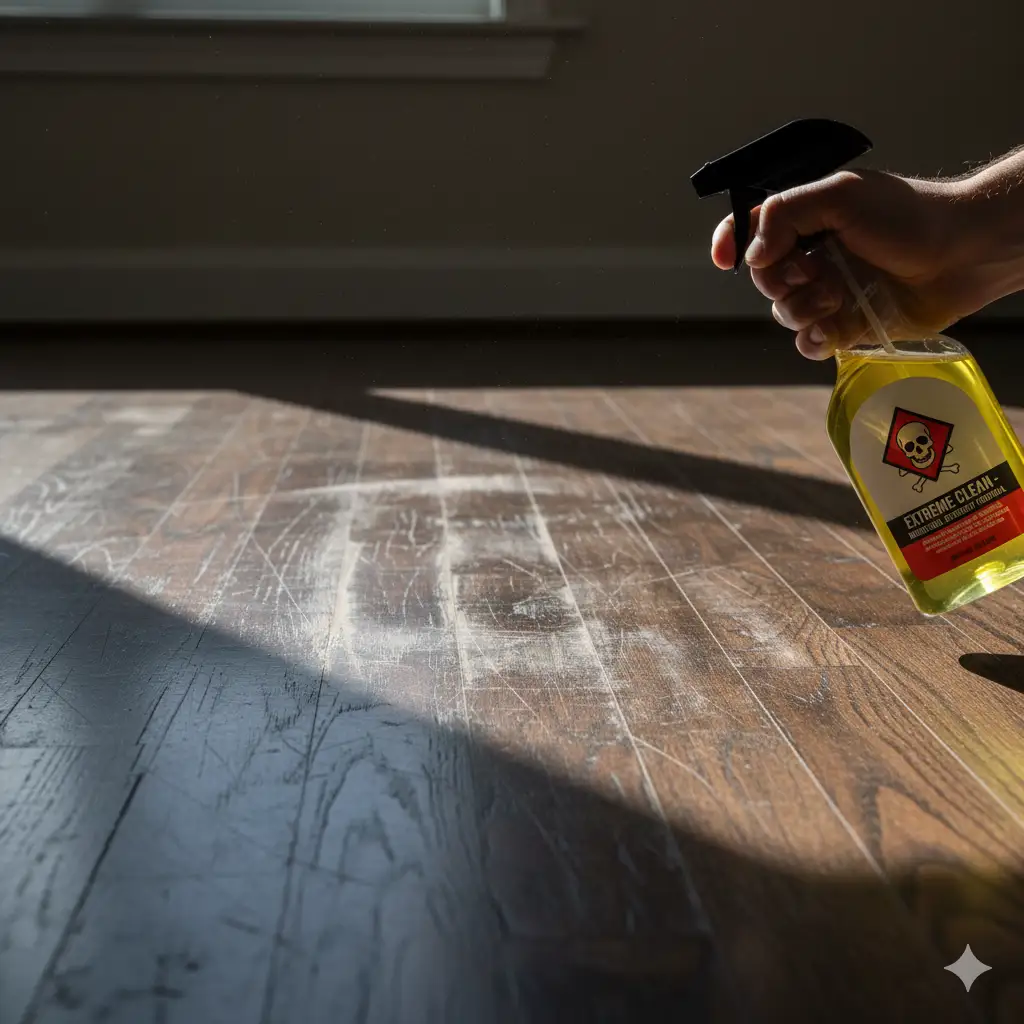 Close-up of a scratched and dull hardwood floor being cleaned improperly