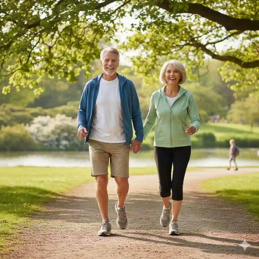 A healthy, smiling senior couple walking briskly outdoors, symbolizing vitality after 60.