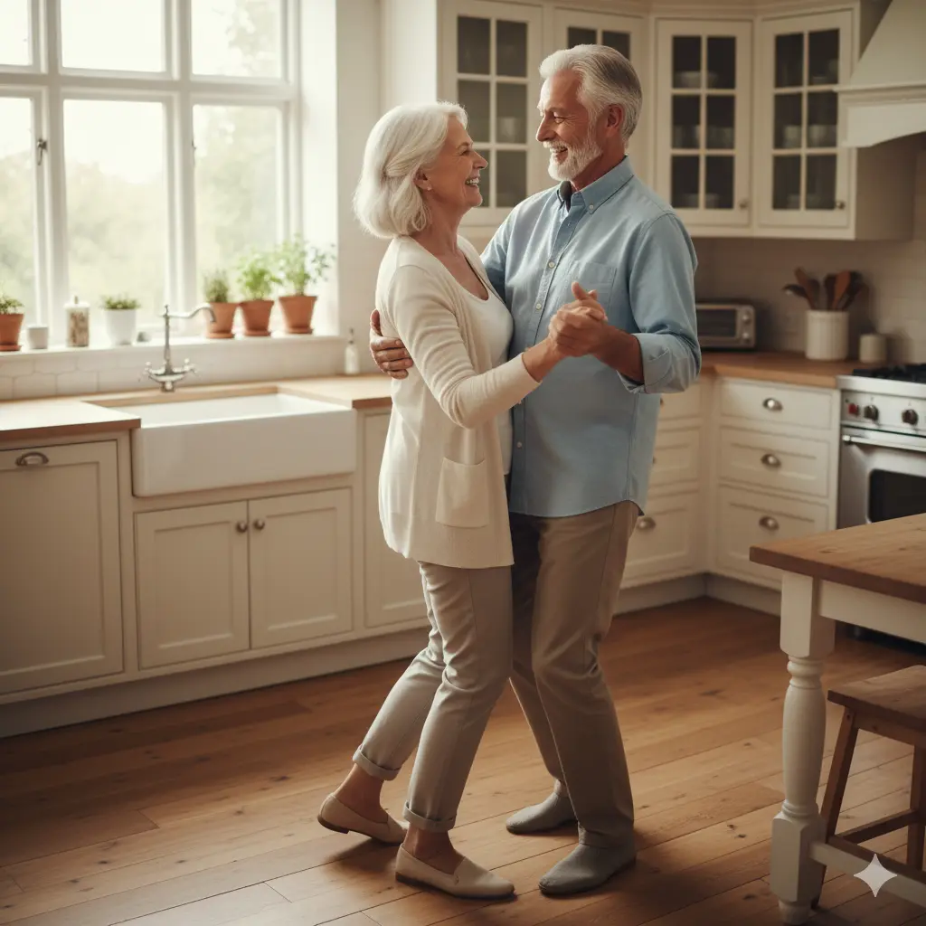 A smiling senior couple dancing gently in their kitchen, showing easy mobility and joy.