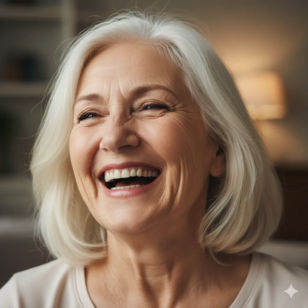 A senior person laughing deeply and freely, with eyes crinkled, showing genuine joy.
