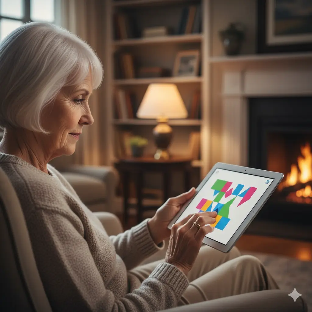 A senior person sitting comfortably, actively engaged with a visual puzzle on a digital tablet.
