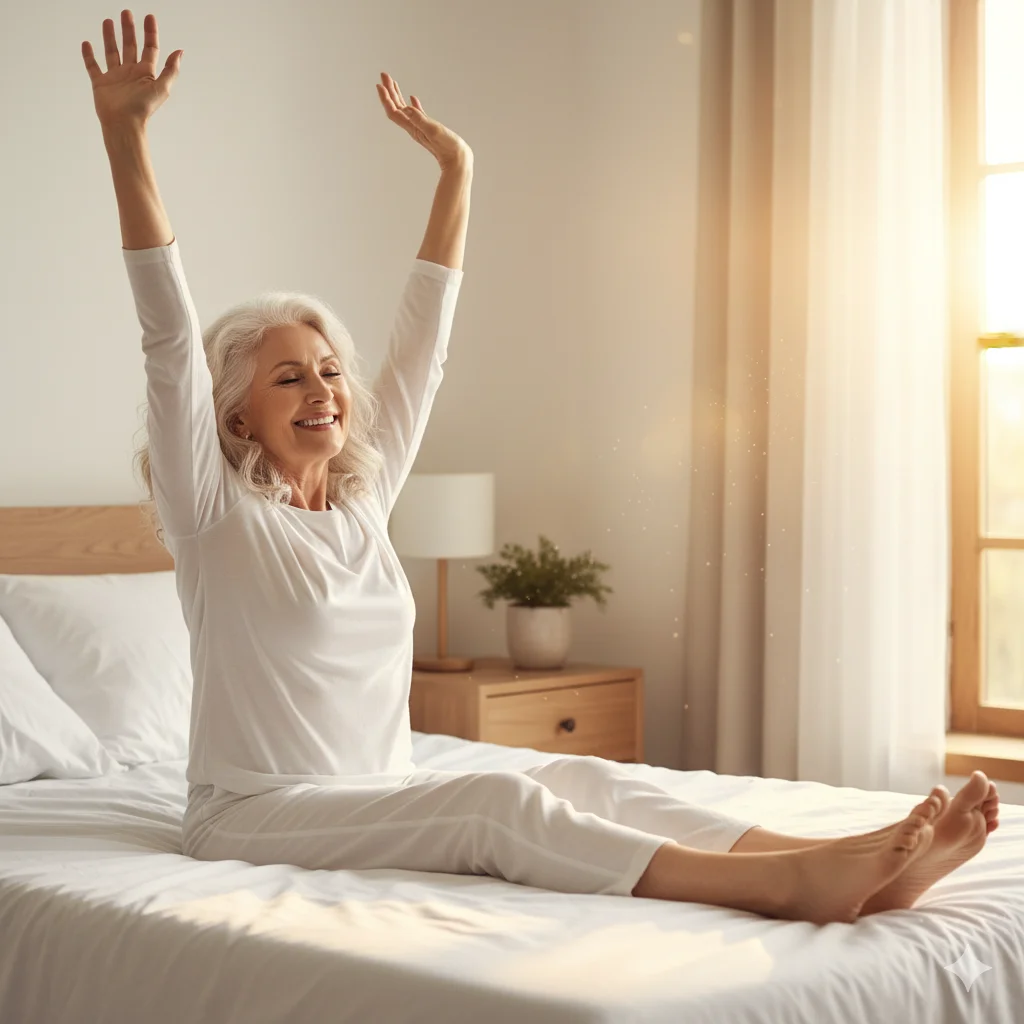 A healthy senior woman waking up in bed, stretching her arms and legs comfortably and energetically.
