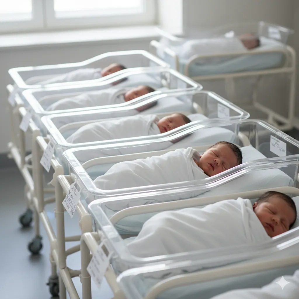 Seven healthy newborn babies sleeping side-by-side in hospital cribs with tiny name tags.