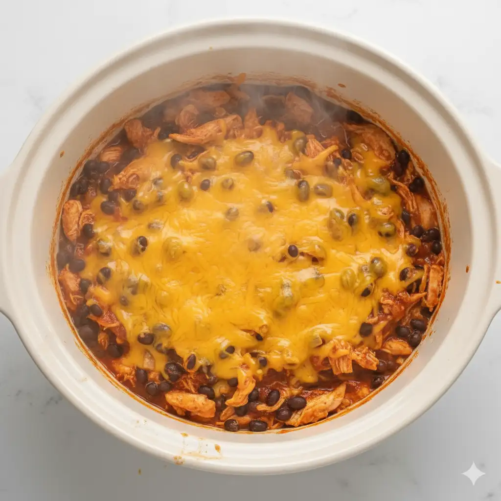 Close-up of shredded salsa chicken and black beans covered in melted cheddar cheese inside a slow cooker pot.