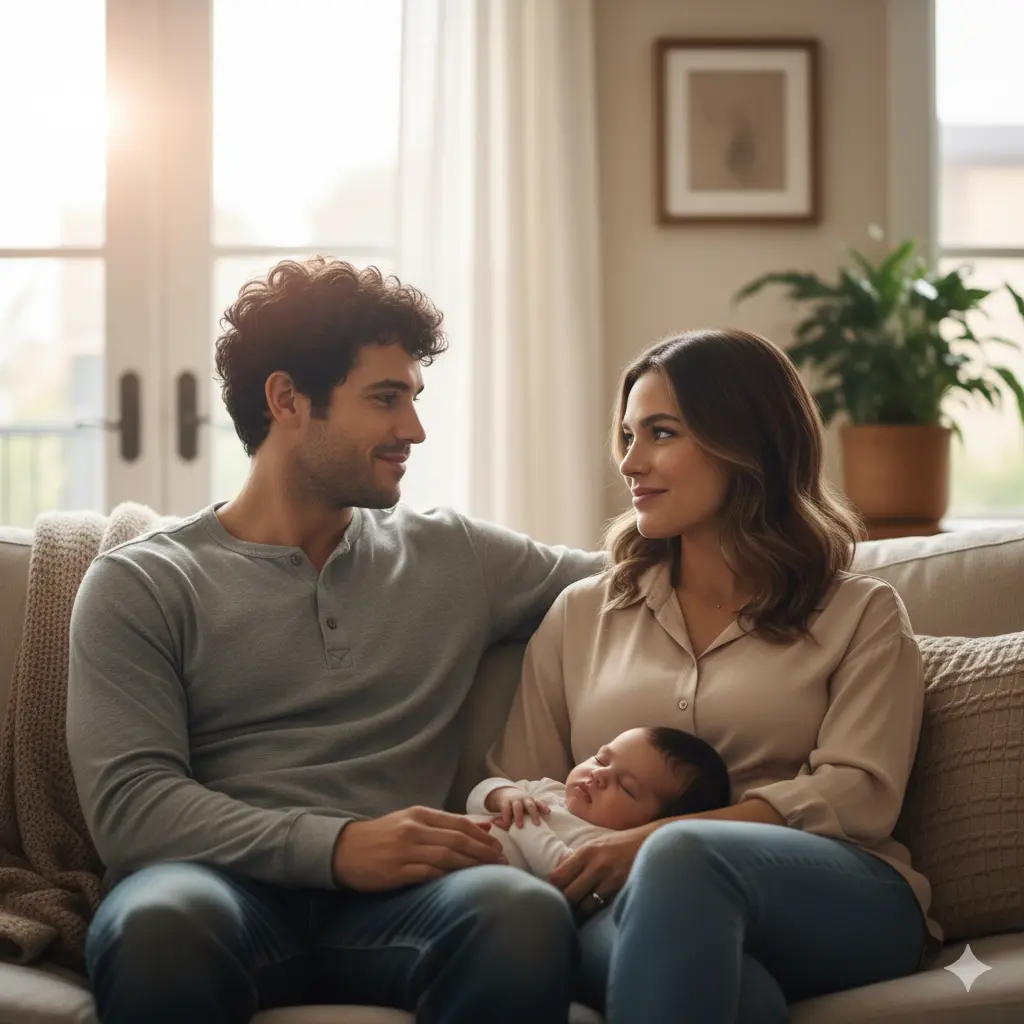 A newly reunited brother and sister smiling gently at each other over a sleeping baby in a living room.