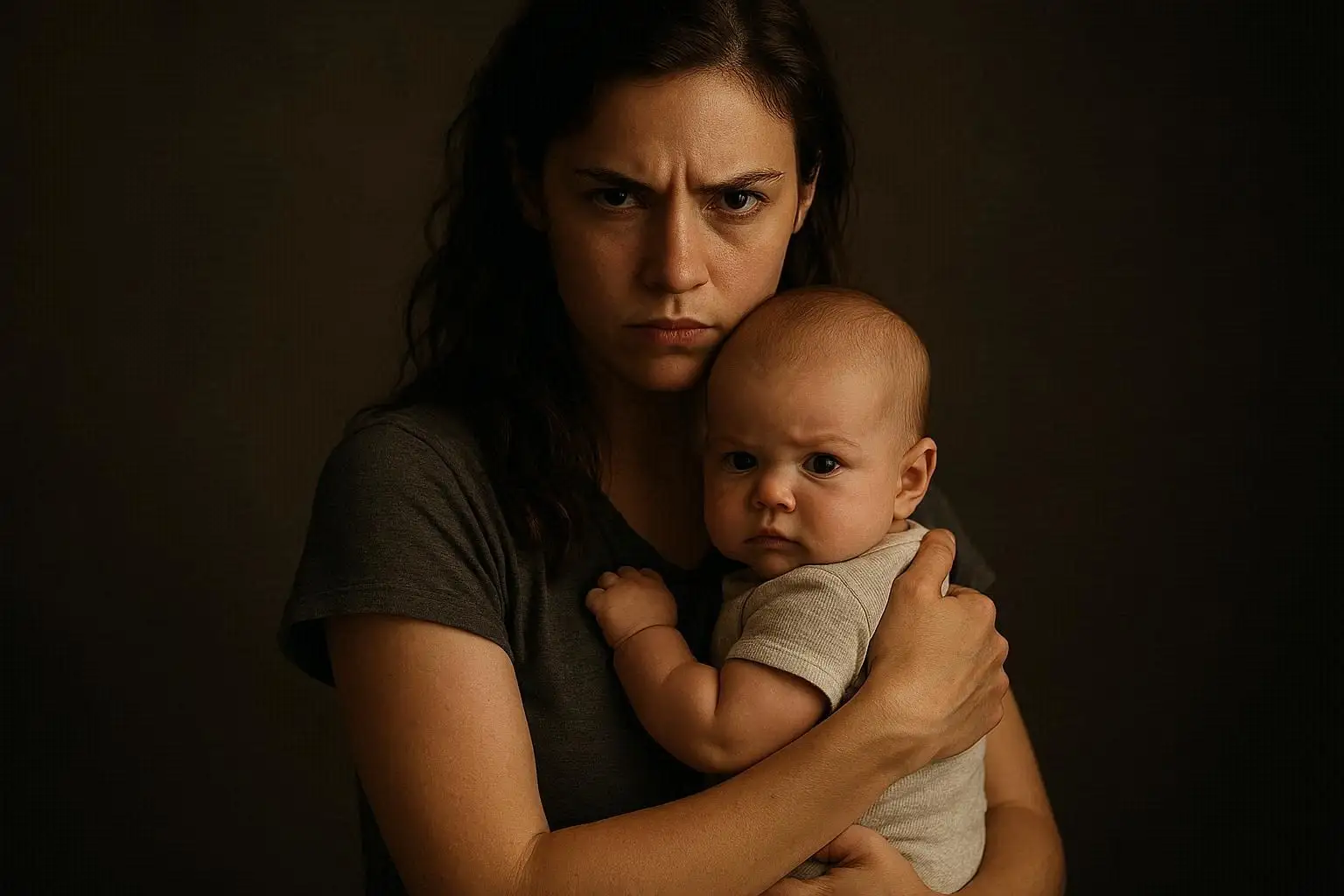 A determined, single mother lovingly holding her baby in a nursery, looking resolved despite her challenges.