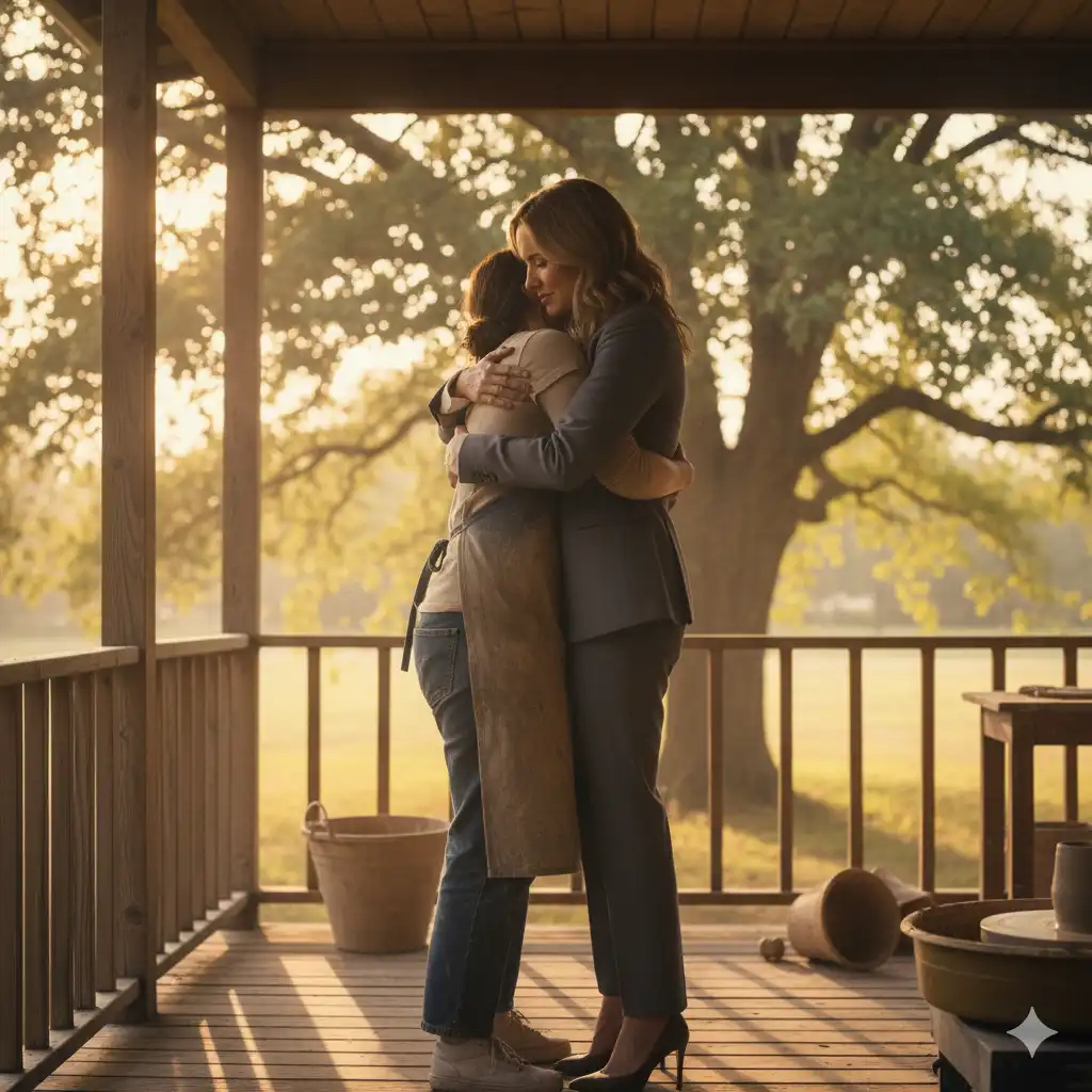 Two sisters hugging on a porch swing at sundown, with one sister comforting the other.