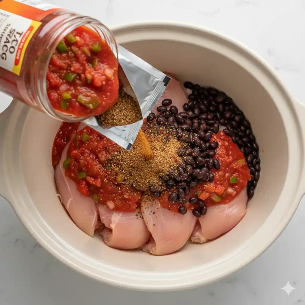 Chicken breasts, salsa, black beans, and seasoning being placed into a slow cooker pot.