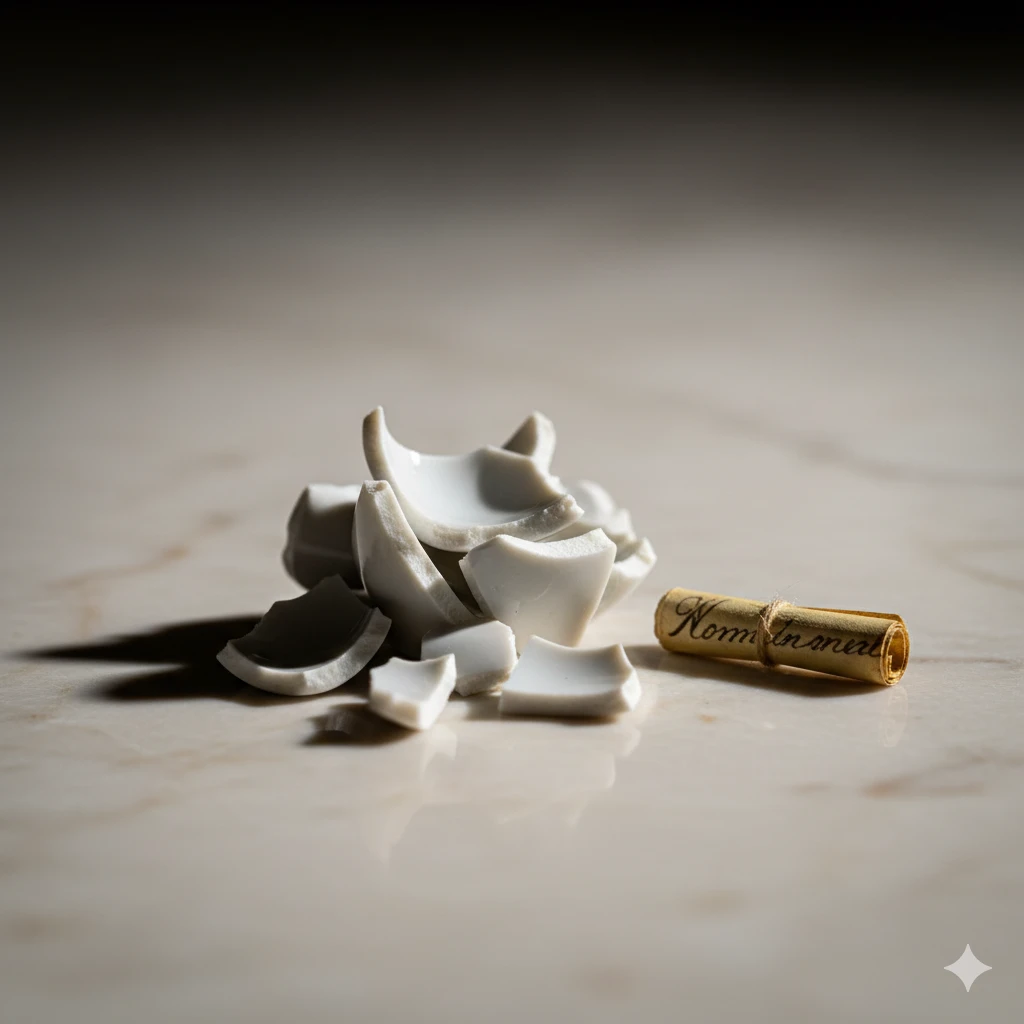 A shattered porcelain figurine on the floor with a tiny rolled-up note next to it.