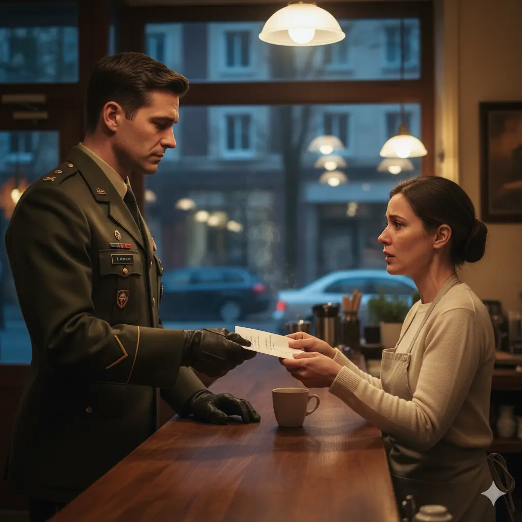 A man in a military uniform standing in a quiet cafe, handing a folded letter to a tearful woman.