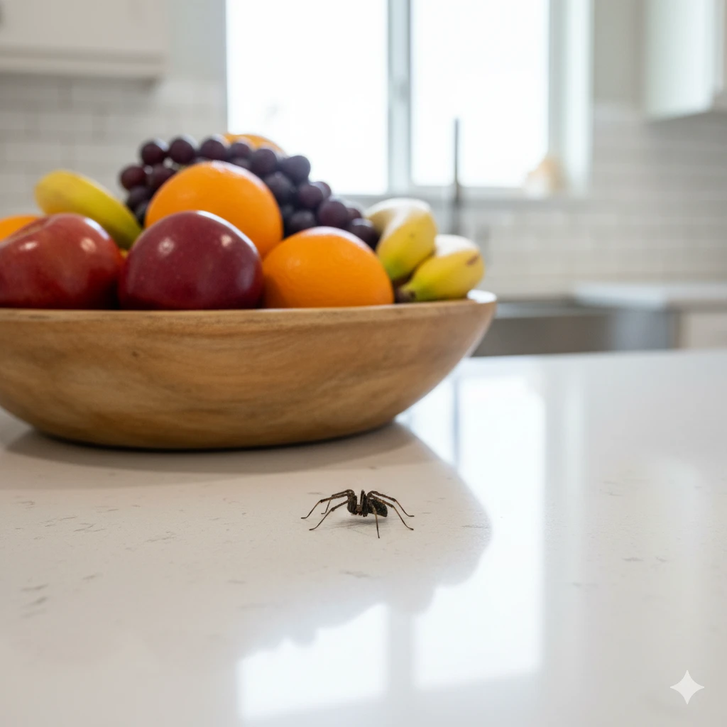 A small spider crawling on a clean kitchen counter, symbolizing spiritual nourishment and abundance.