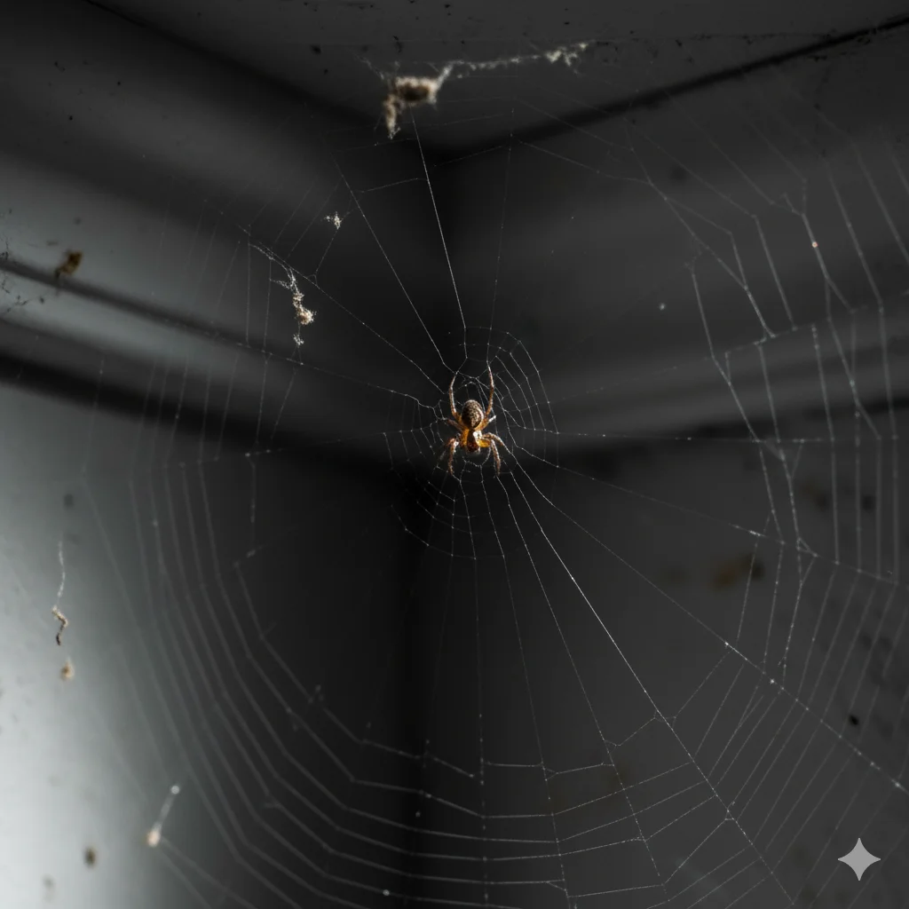 A small spider quietly weaving a delicate, symmetrical web in the corner of a room, illuminated by soft light.
