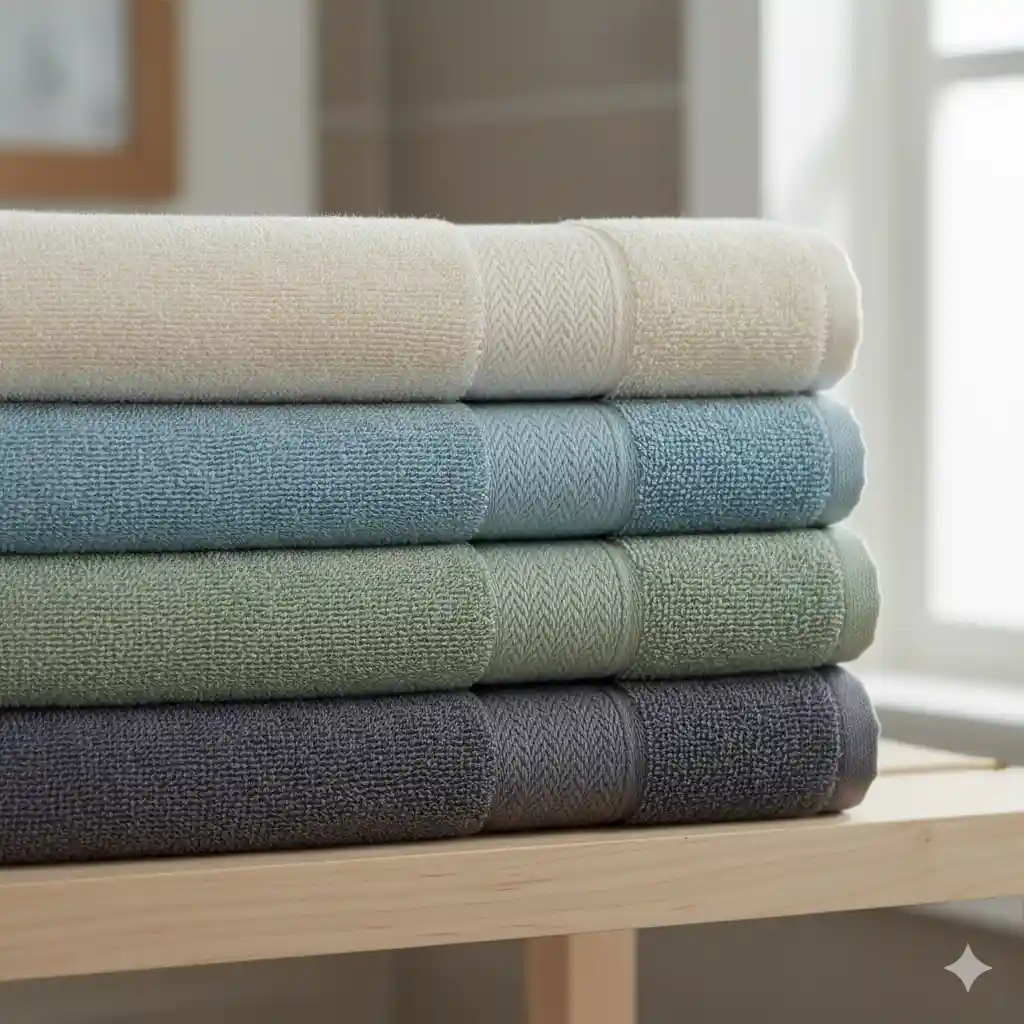 Neatly stacked, colorful bath towels showing the uniform dobby border at the edges.