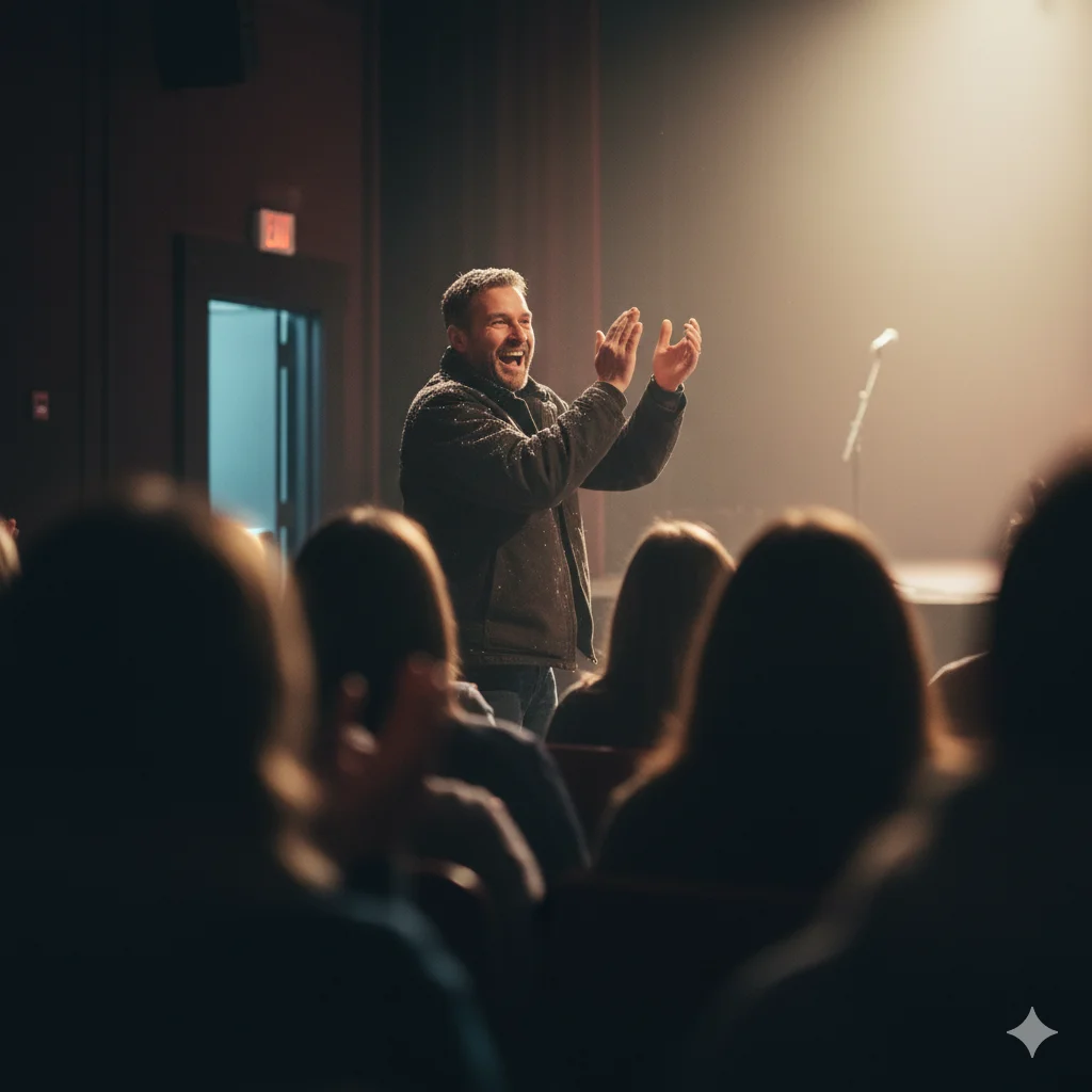 A stepdad in a work jacket enthusiastically clapping and cheering for a child from the back row of a dark auditorium.