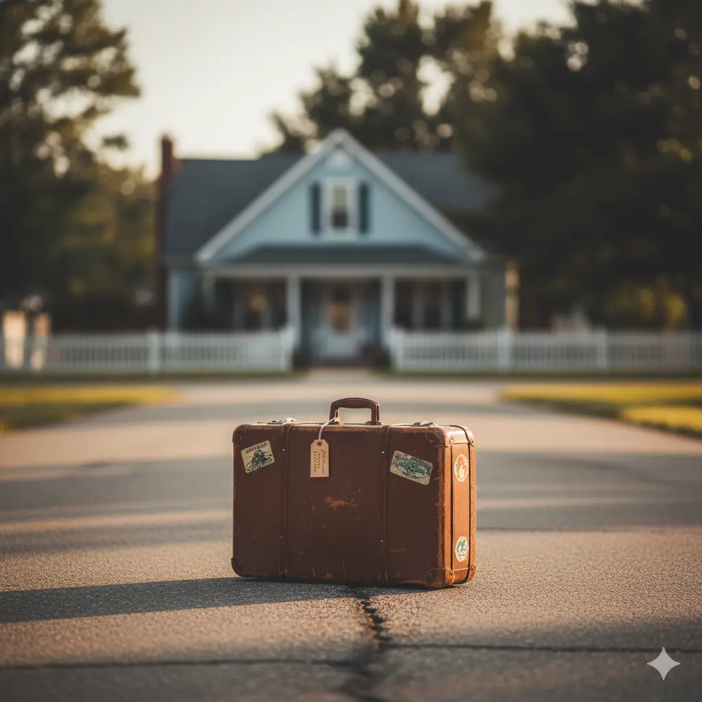 A single suitcase sits alone on a dusty path, symbolizing an 18-year-old leaving home