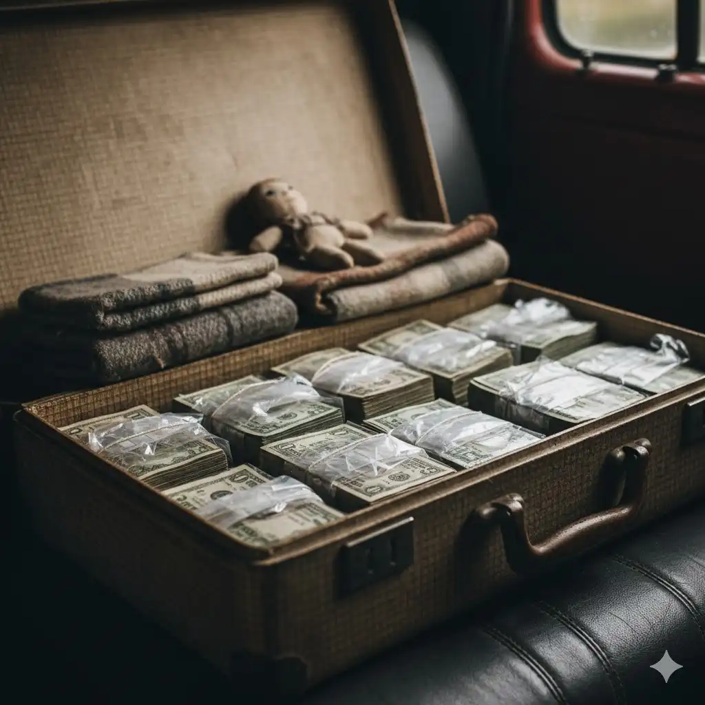 A suitcase lying open, revealing bundles of cash carefully wrapped in plastic beneath a few old garments.