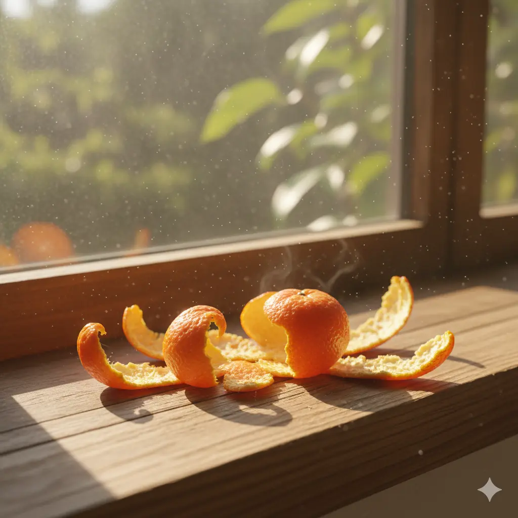 Fresh tangerine peels arranged aesthetically on a sunny windowsill, serving as natural decor.