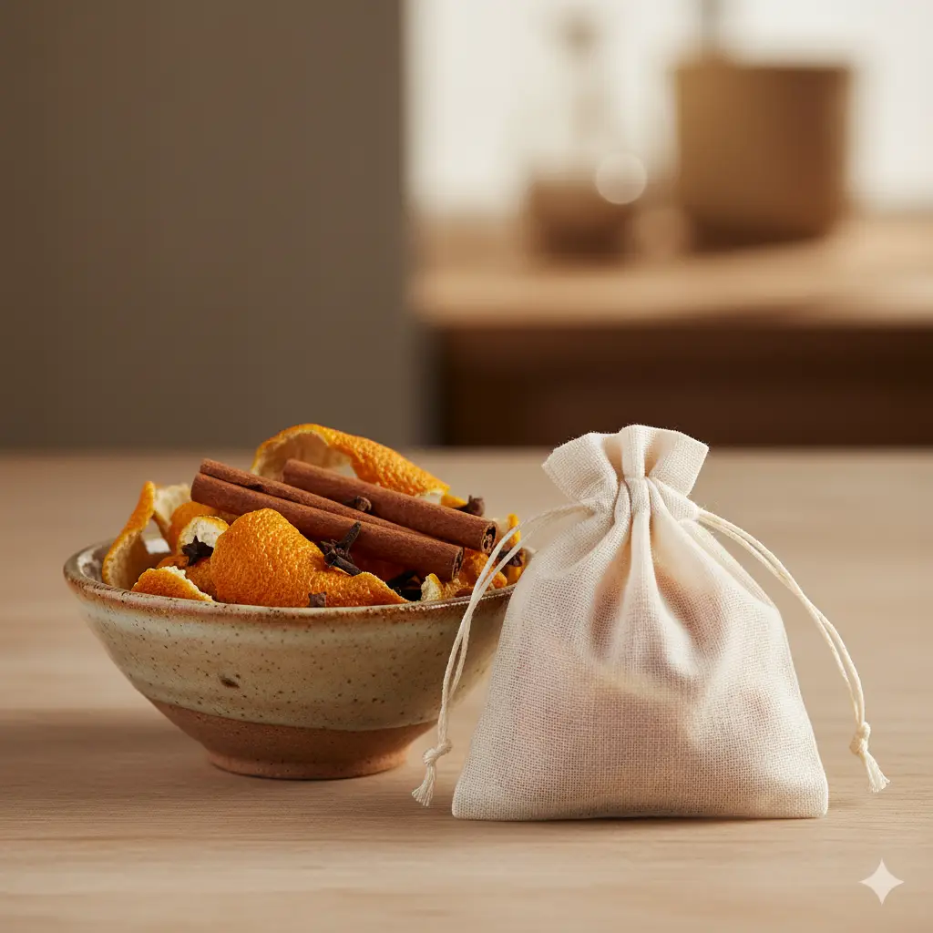 Dried tangerine peels mixed with cinnamon sticks in a decorative bowl, next to small cloth sachets.