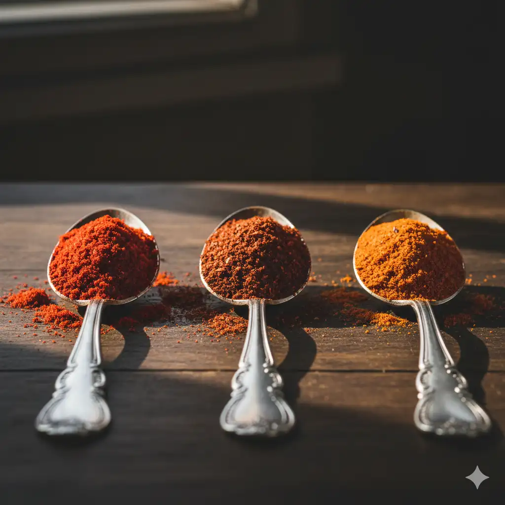 Three spoons lined up, each containing a different type of paprika: sweet, smoked, and hot.