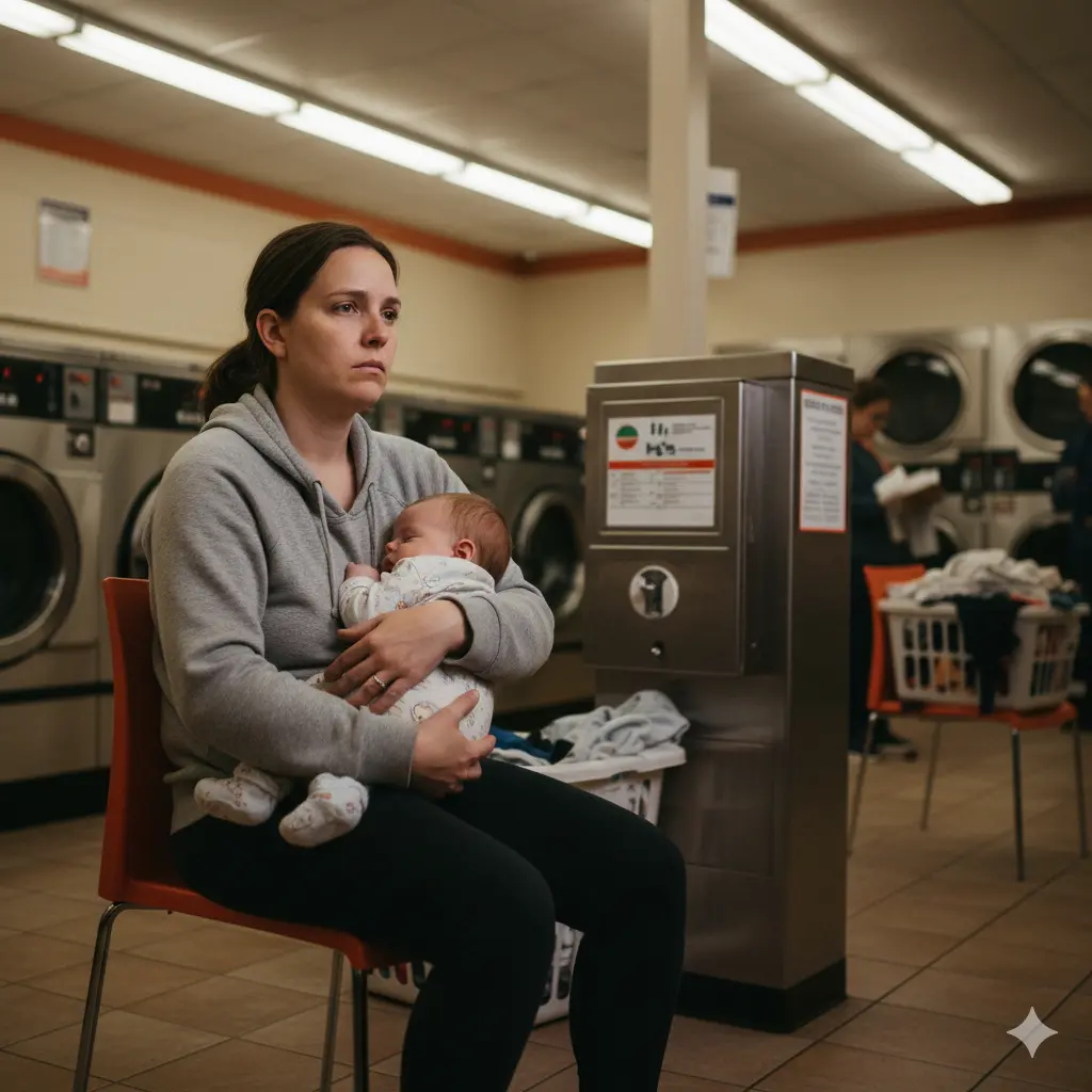 A young, exhausted mother sitting in a hard plastic chair at a laundromat, holding her sleeping baby and looking overwhelmed.