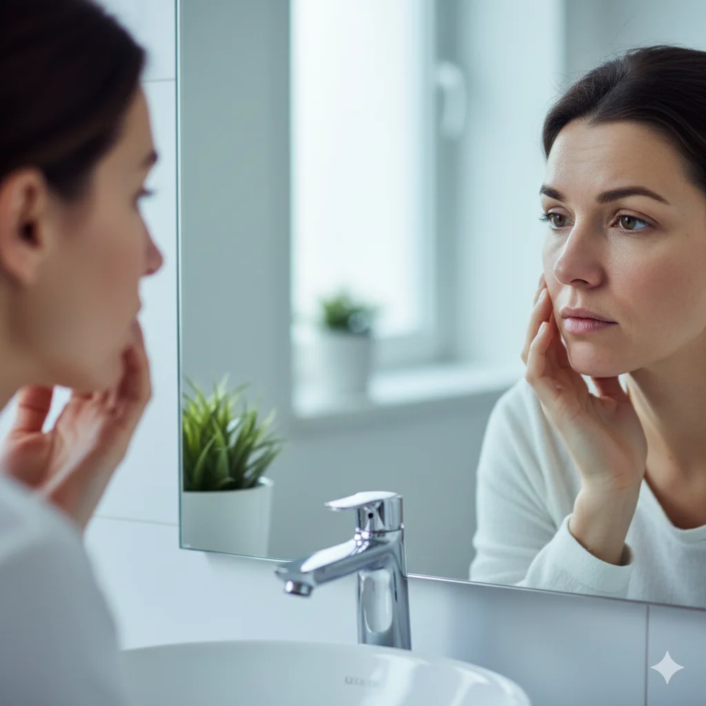 A woman staring critically at her reflection in the bathroom mirror, noticing tired and puffy eyes.