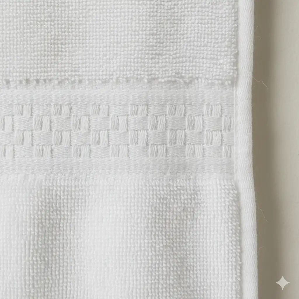 A close-up of a bath towel showing the distinct woven line near the end, known as the dobby border.