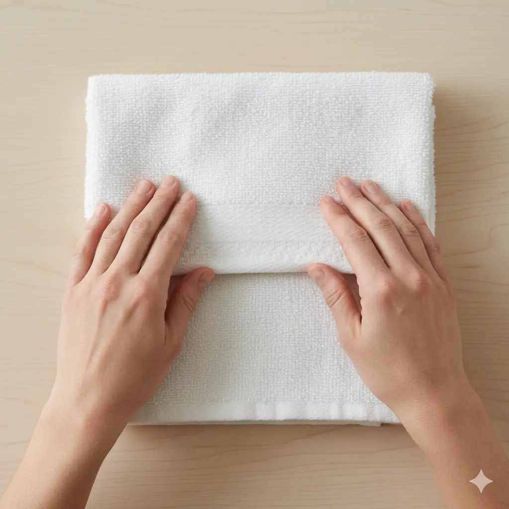 A perfectly folded towel showing the dobby border used as a guideline, placed on a towel rack.