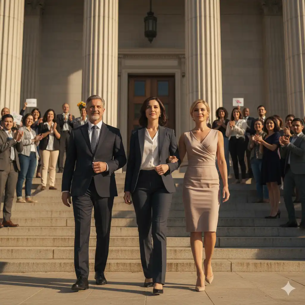 A successful woman (Valeria) in stylish business attire walking confidently out of a courthouse, flanked by her supportive brother and best friend, smiling as supporters applaud in the background.