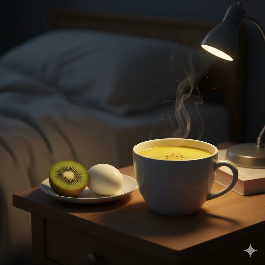 A warm mug of golden turmeric milk next to a sliced kiwi and a hard-boiled egg on a bedside table.