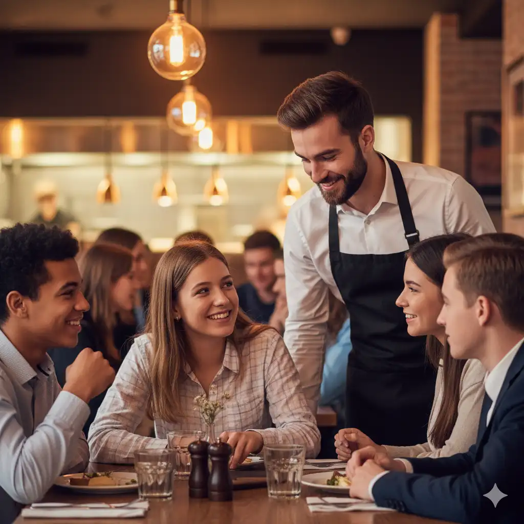 A friendly waiter serving a group of polite teenagers in a restaurant