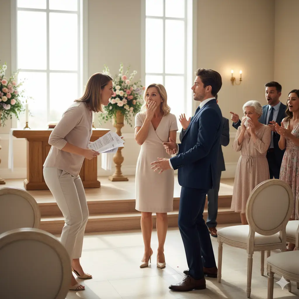 A tense scene at a wedding rehearsal where a daughter is angrily confronting her mother's partner in front of shocked guests.