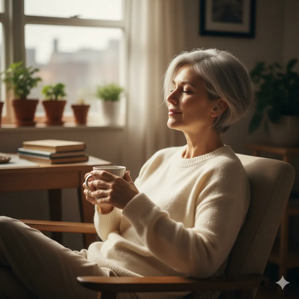 A woman sitting alone in a small, bright apartment, looking peaceful and reflective, symbolizing freedom.