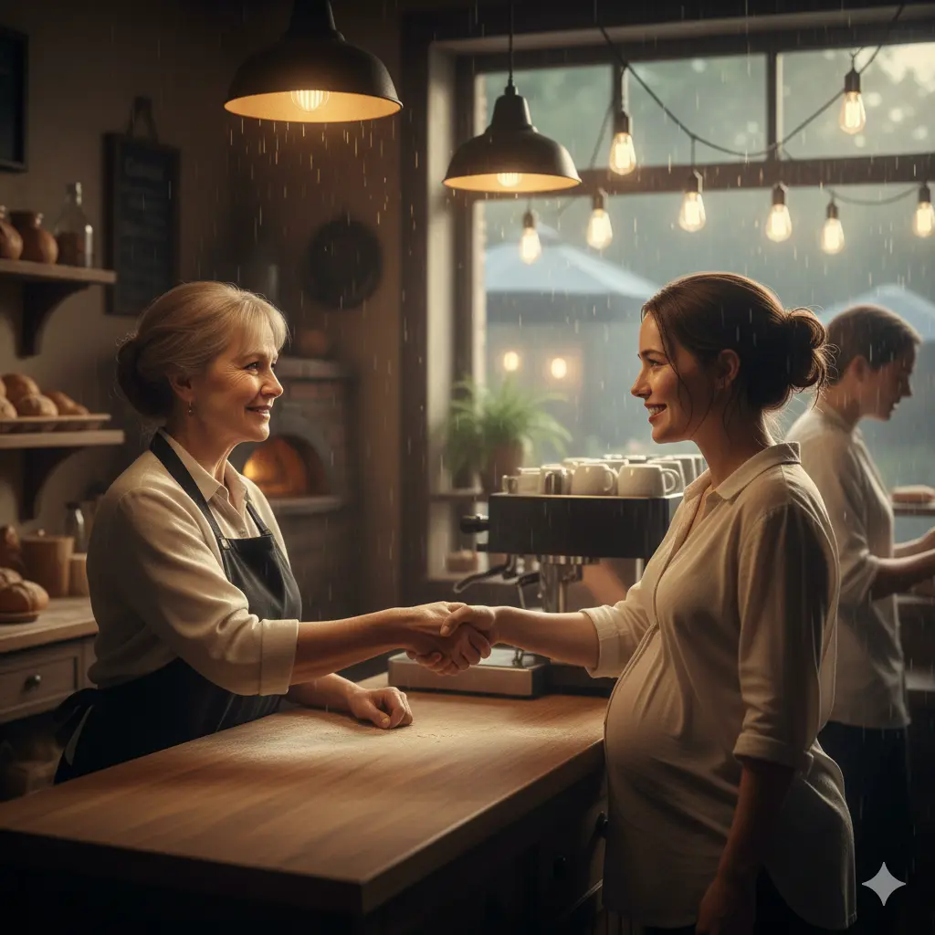 A woman smiling warmly at an applicant across a cafe counter, symbolizing a new job opportunity