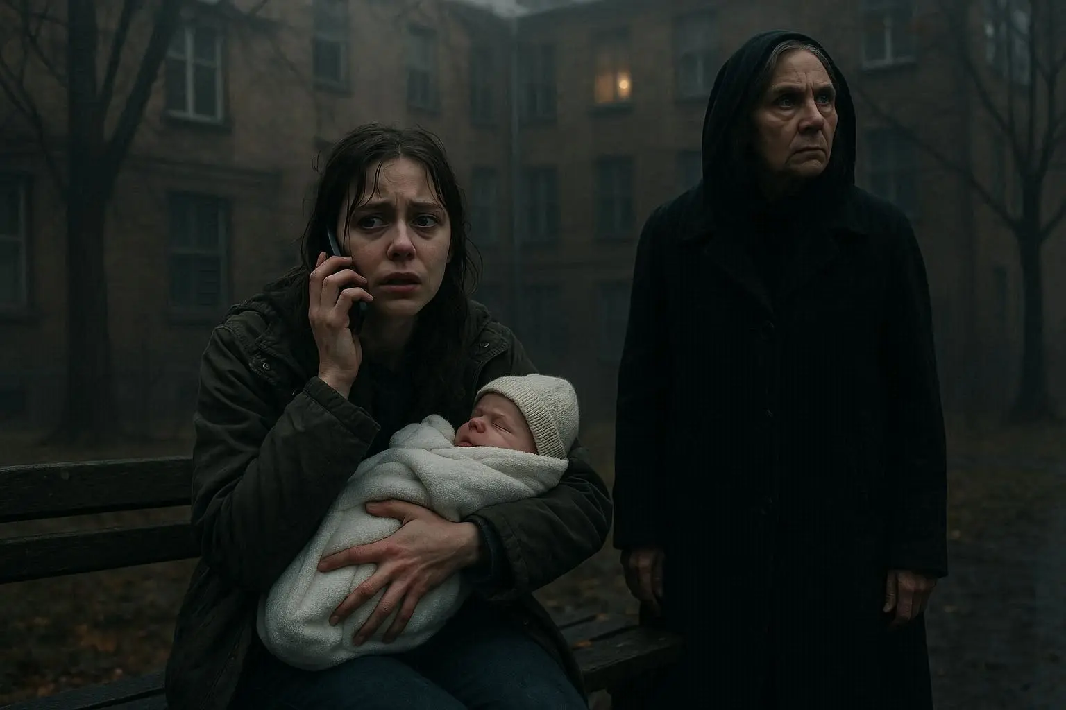 A terrified woman holding a newborn baby and a phone, sitting on a cold park bench next to a mysterious older woman who is watching a dark apartment building.