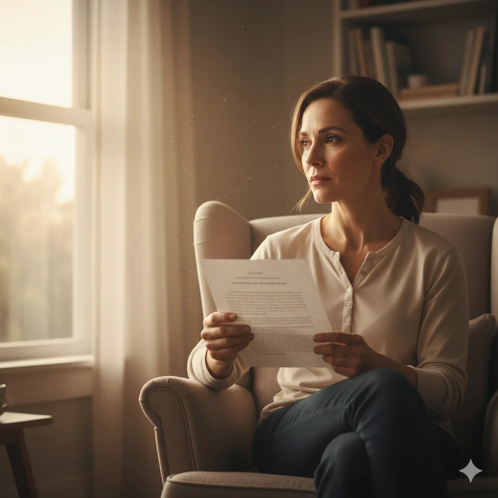 A thoughtful woman looking out a window, contemplating the challenge and responsibility of becoming a foster parent.