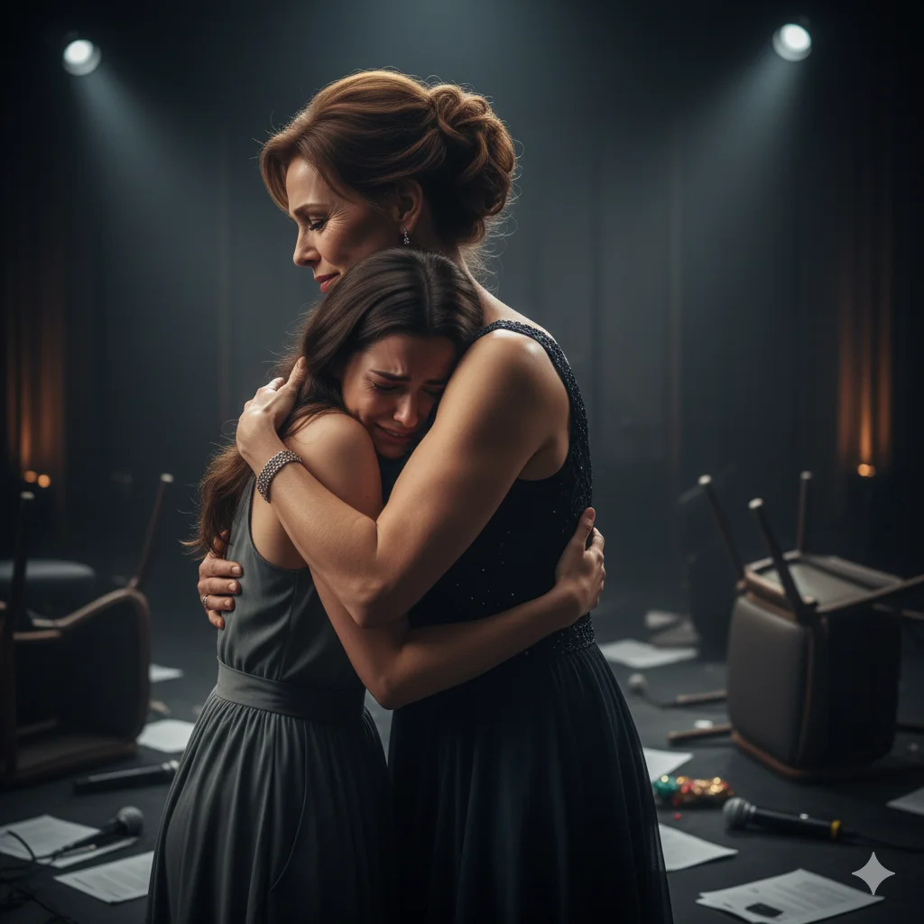 Older woman embracing and comforting a crying younger woman in a professional setting