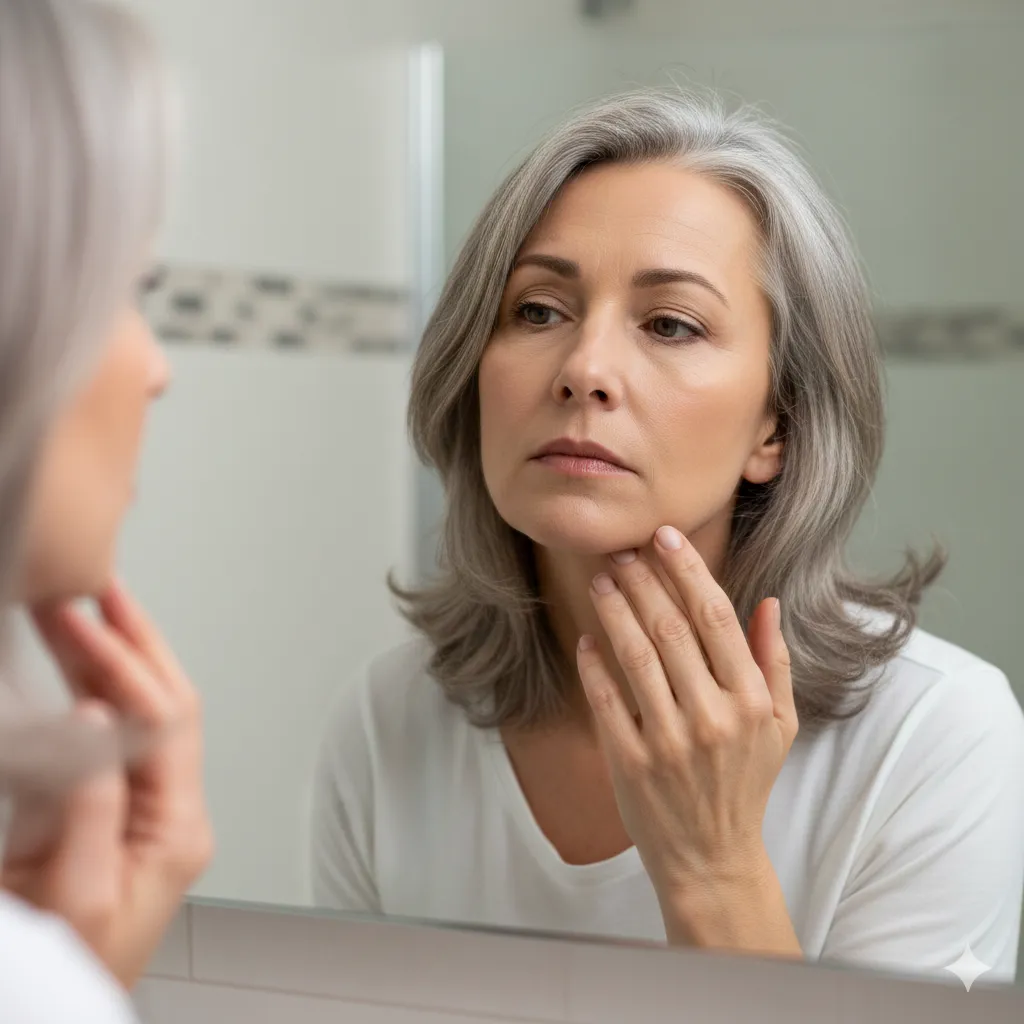 A woman closely examining her face in a mirror, specifically looking at her chin area.
