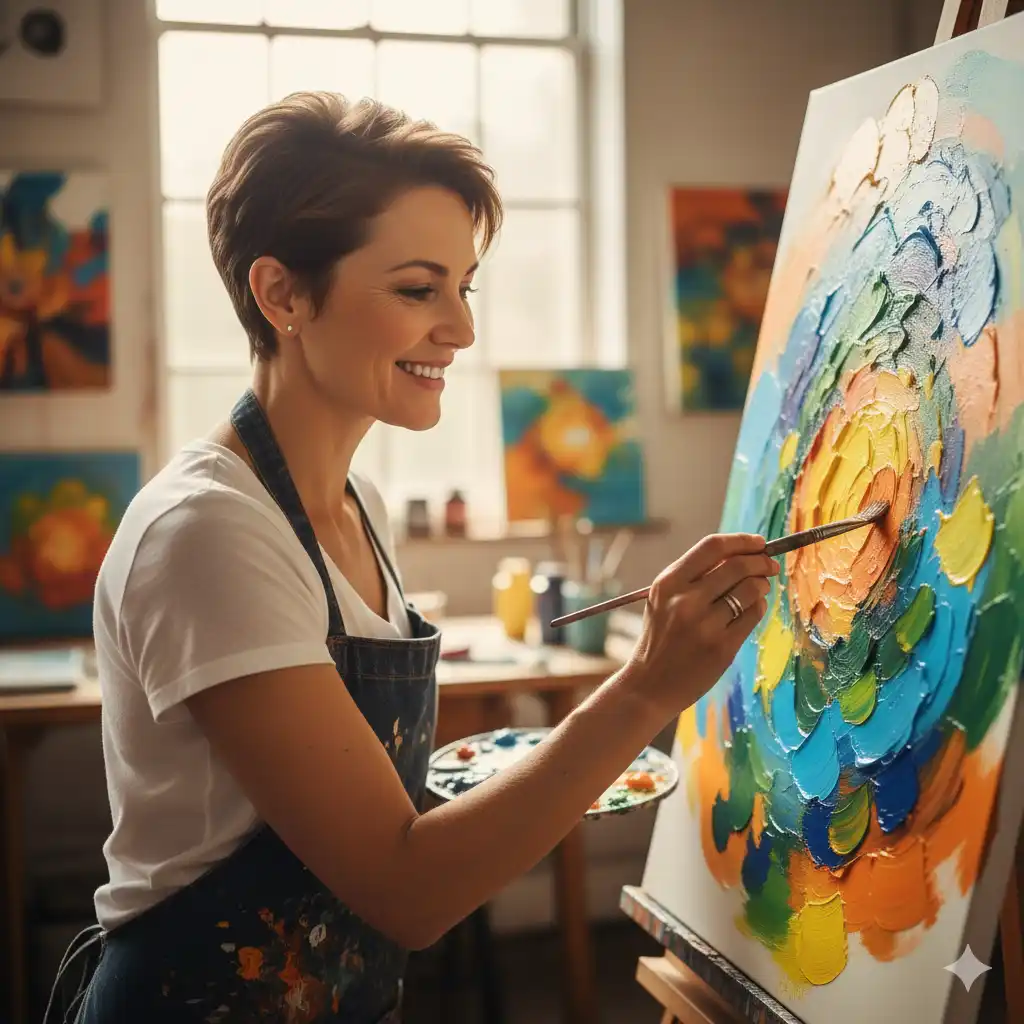 A woman smiling confidently, enjoying a rediscovered hobby like painting or hiking, symbolizing self-worth and healing.
