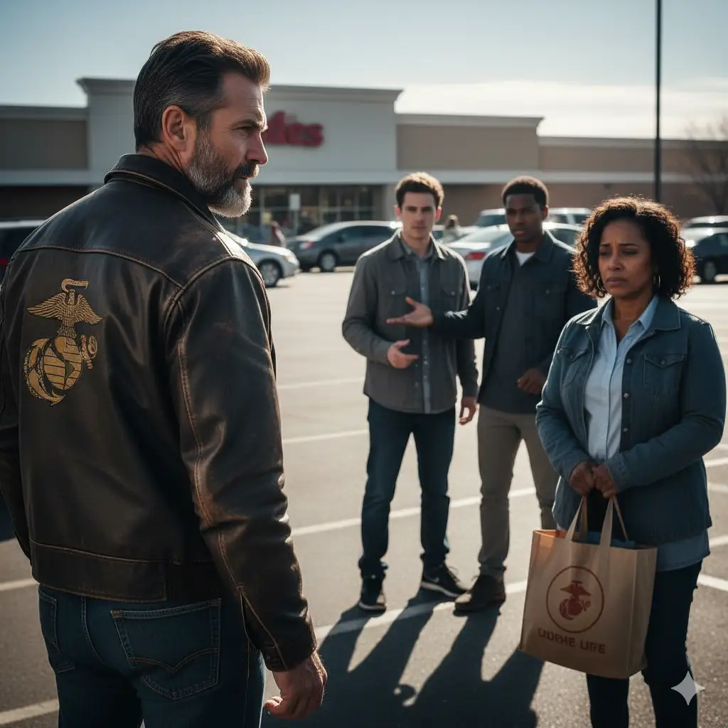 A woman of color showing calm dignity as she is subjected to verbal harassment from a group of young men in a grocery store parking lot