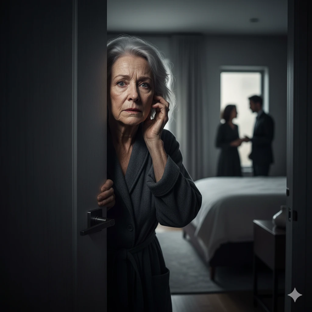 A fearful woman secretly listening through a slightly ajar closet door, overhearing a private conversation.