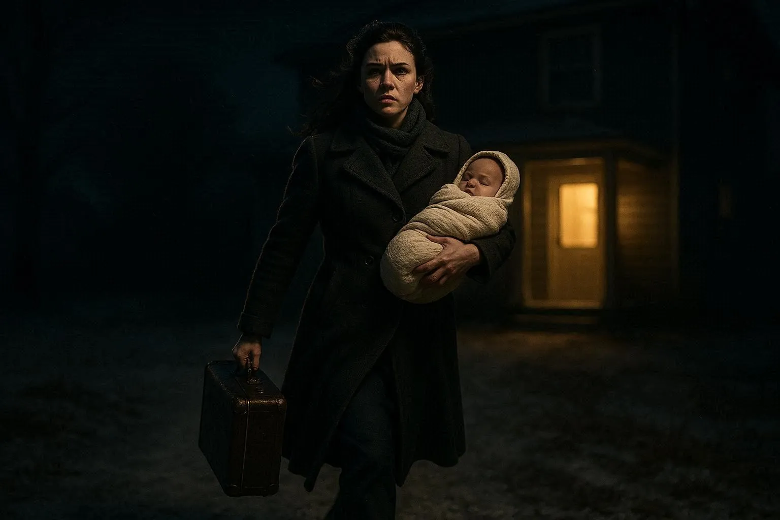 A young woman carrying her baby, walking determinedly away from a house at night with a small suitcase.