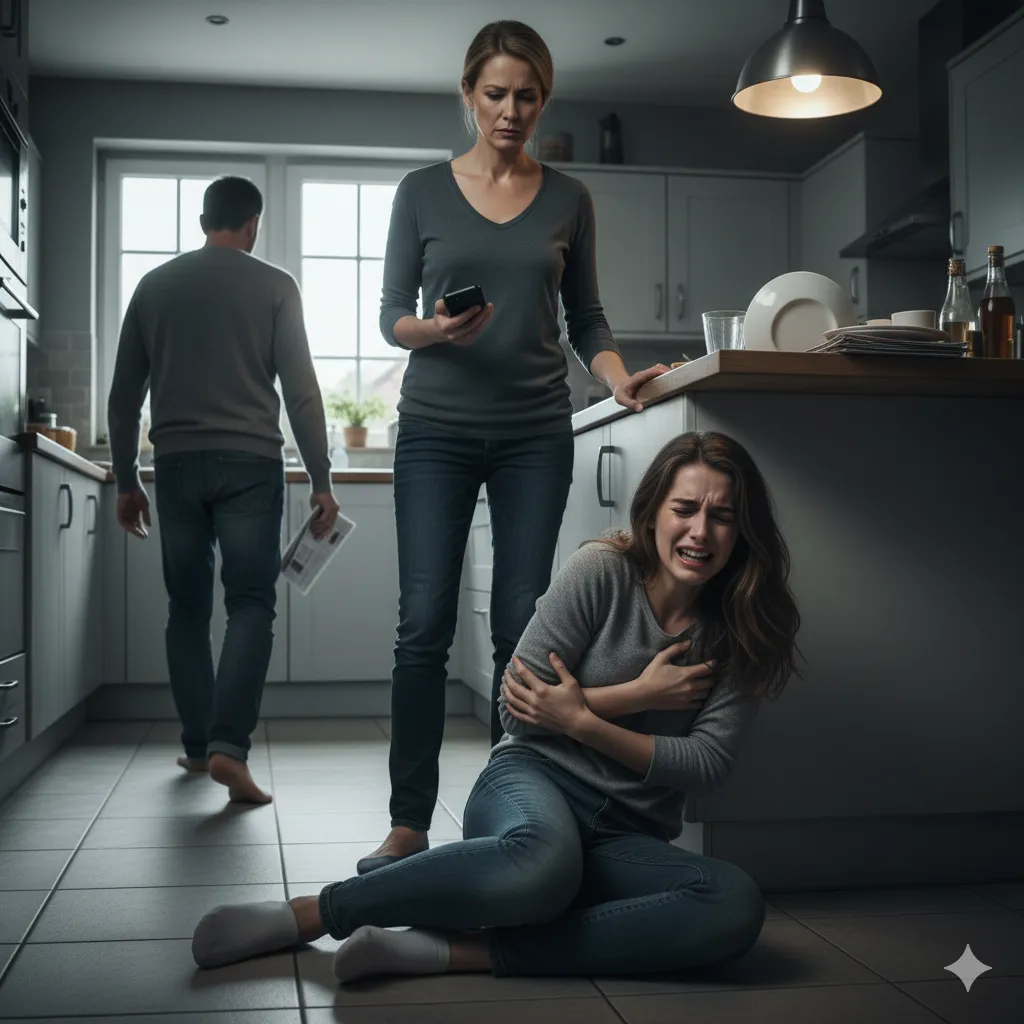 A woman collapsed on a kitchen floor clutching her ribs in pain, while a calm mother stands over her holding a snatched phone, and a father walks away dismissively.