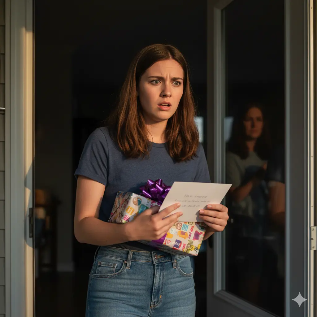 A young woman frozen on a front porch with gifts in her hands, her face shocked as she overhears a secret conversation from inside the house.
