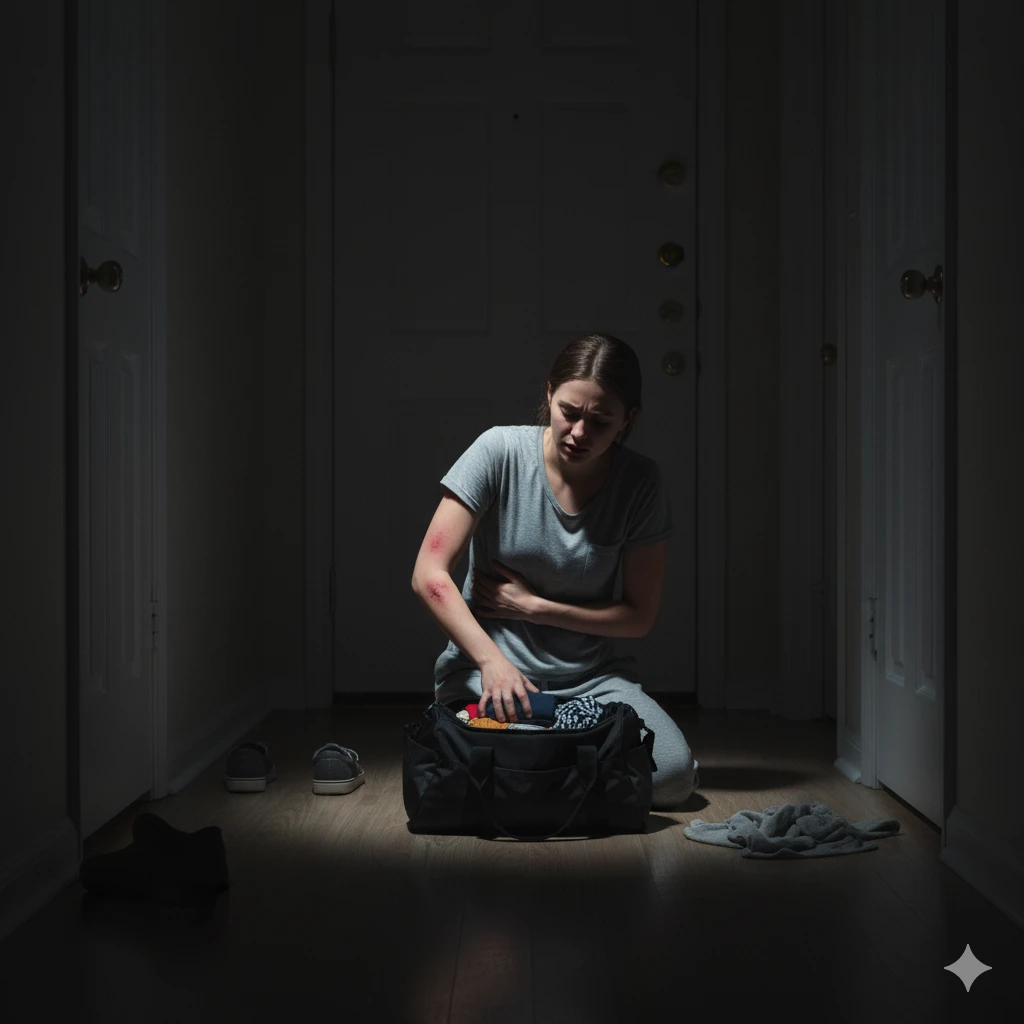 A woman with visible bruising and pain, clutching her ribs as she quietly and secretly packs a small bag in a dimly lit hallway at night, preparing to leave the family home.