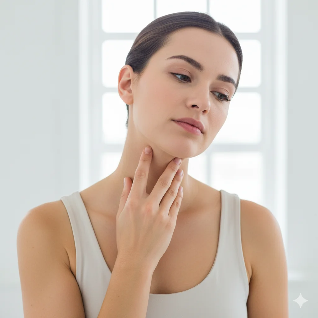 A woman performing a breast self-exam, checking for lumps or unusual thickness.