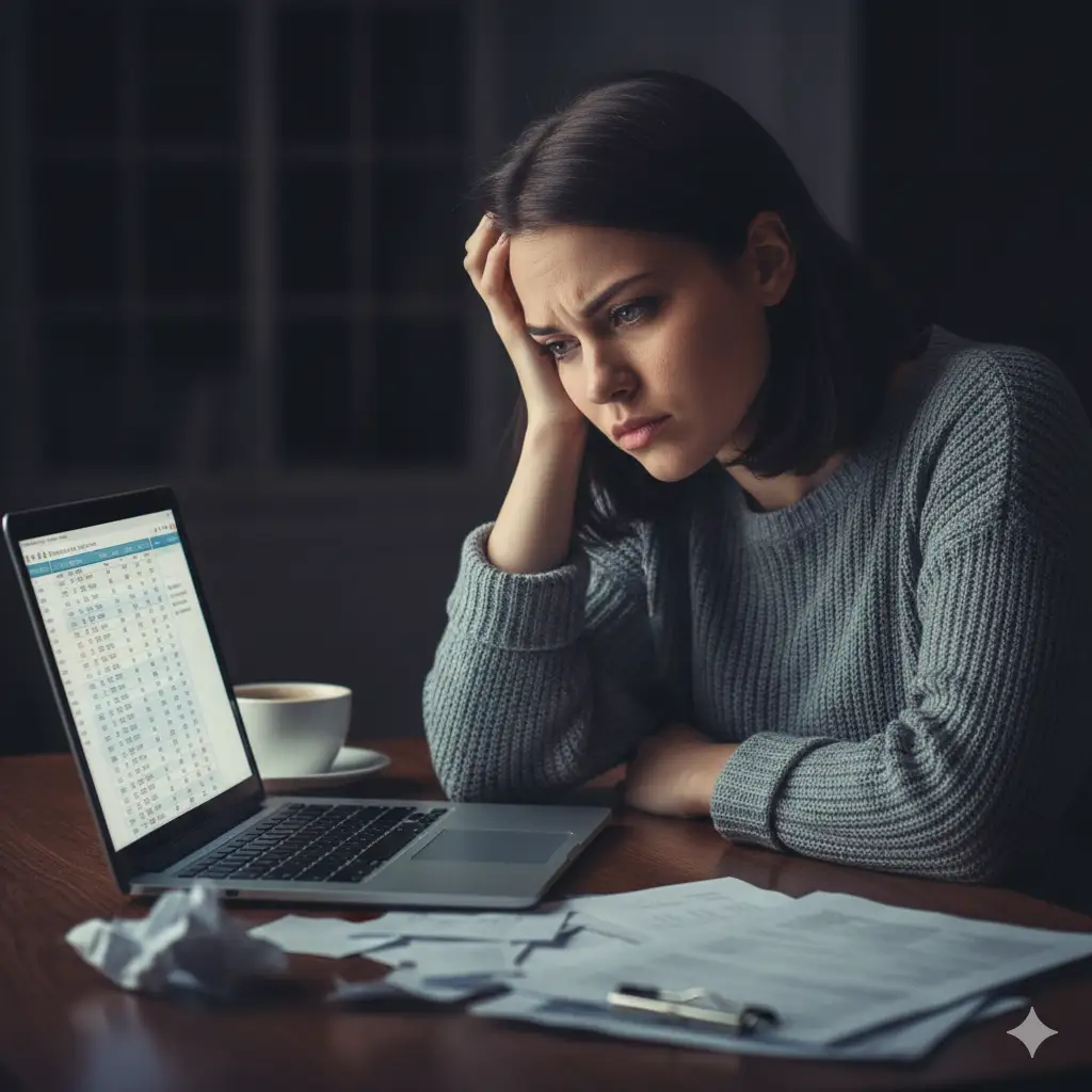 A woman looking stressed while reviewing her finances and a pile of bills, symbolizing financial struggle despite helping others.